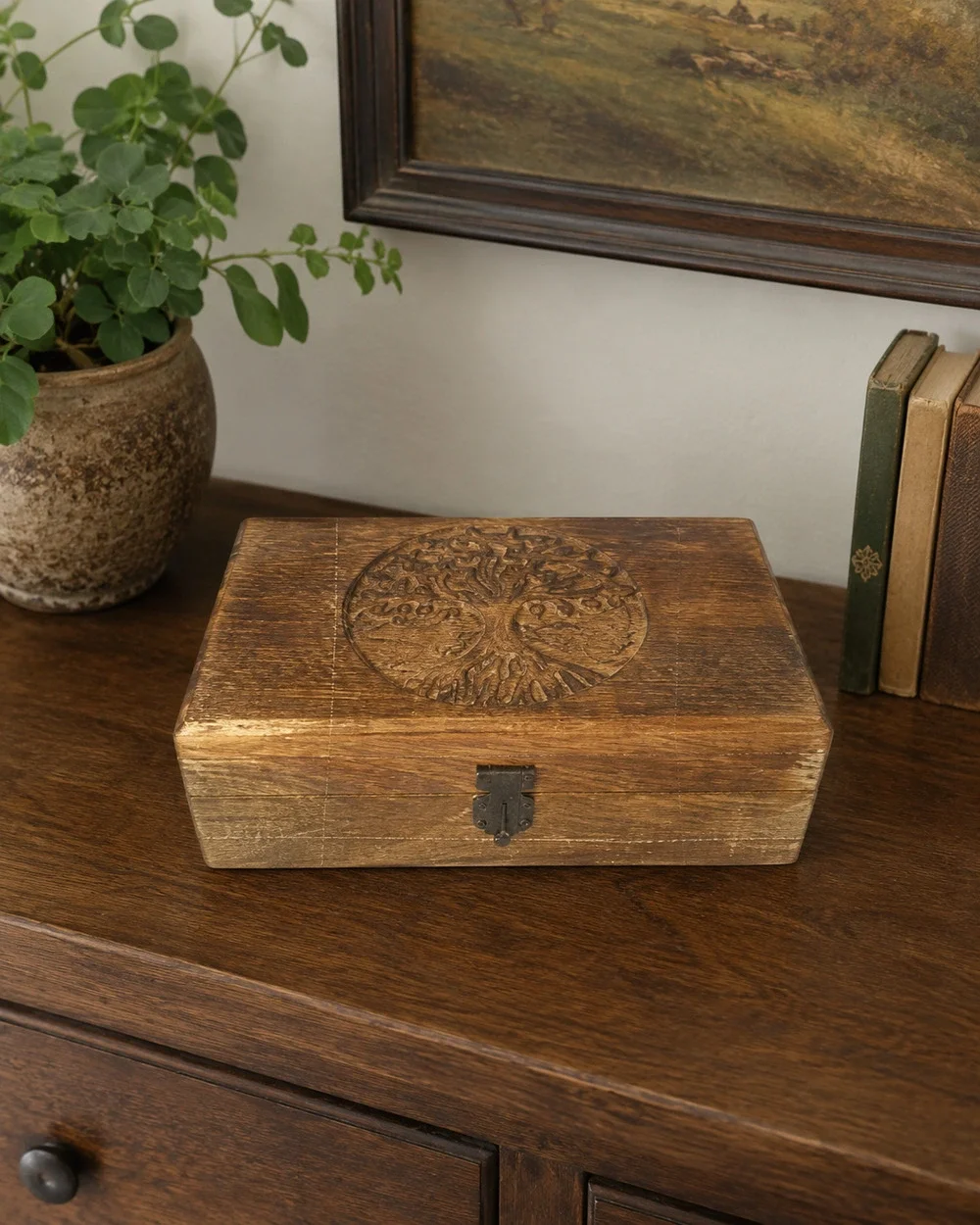 Rustic Tree of Life Carved Wooden Box with Clasp and Hinges